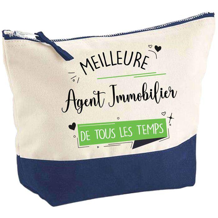 Pochette fond bleu Meilleure Agent Immobilier de tous les temps - Cadeau Original Trousse Maquillage Grand Format