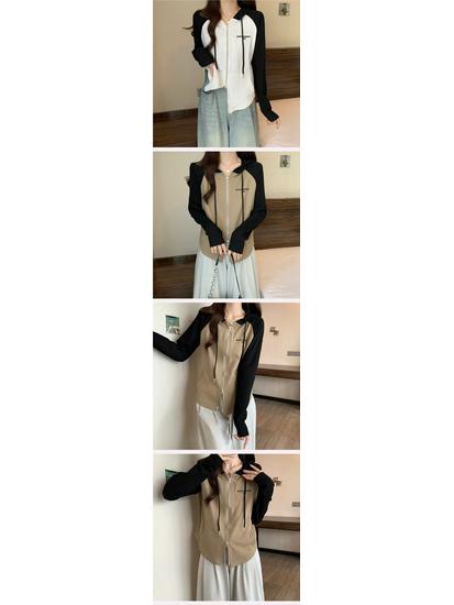 Women's Slim-Fit Raglan Double Zipper Hoodie, Spliced Design with Baby Fleece, Fleece-Lined for Autumn and Winter, Salt-Style Top.