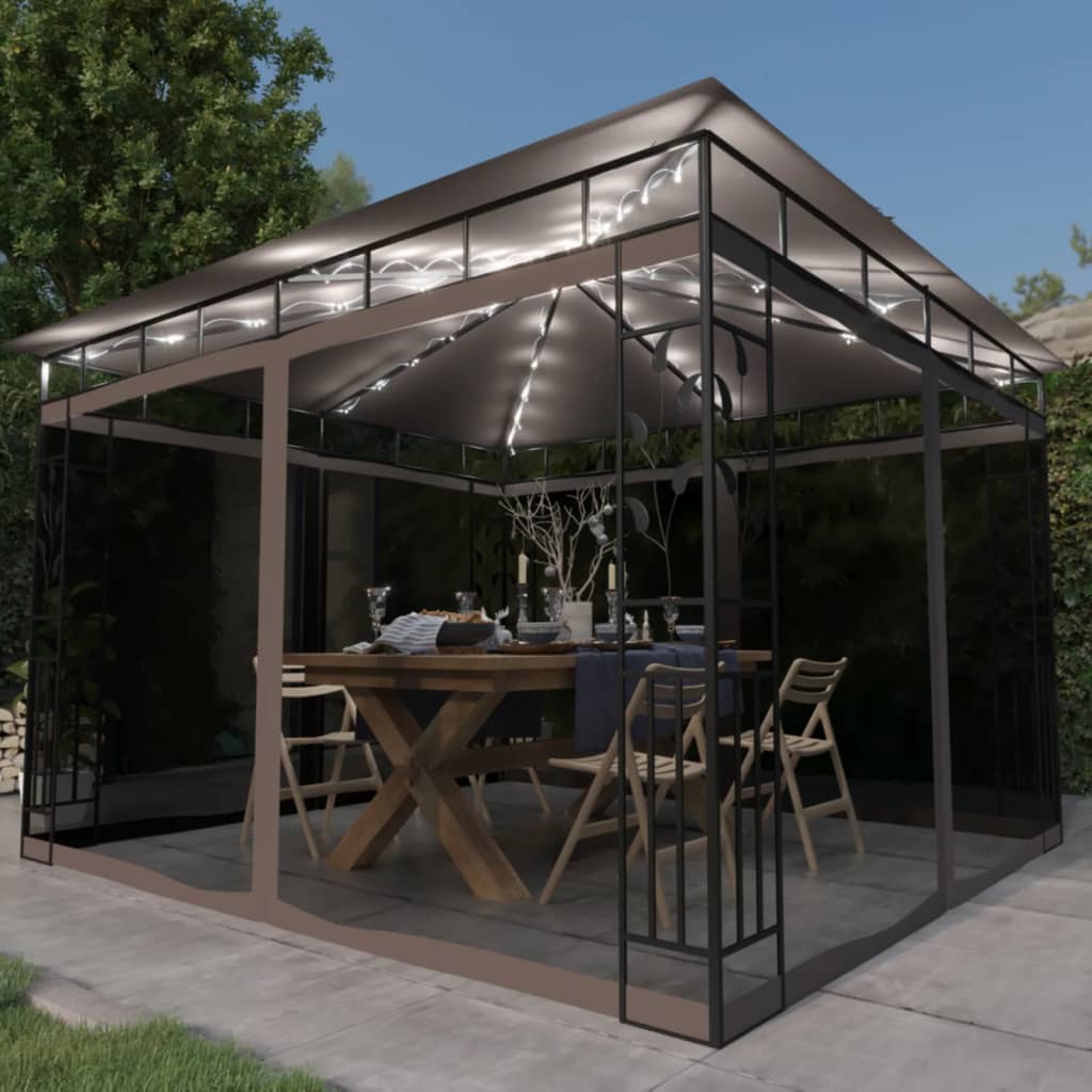 vidaXL Pavillon mit Moskitonetz & LED-Lichterkette 3x3x2,73 m Taupe helle taupe