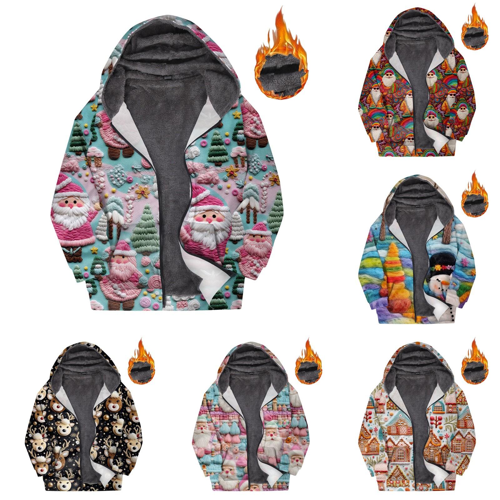 

Женская зимняя бархатная утолщенная куртка с капюшоном и рождественским принтом