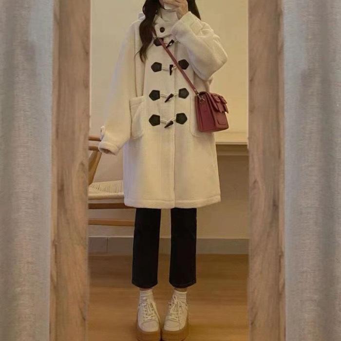 

Lamb wool horn buckle coat women s season fleece thickened large size loose medium and long coat women s small fat m S абрикосовый