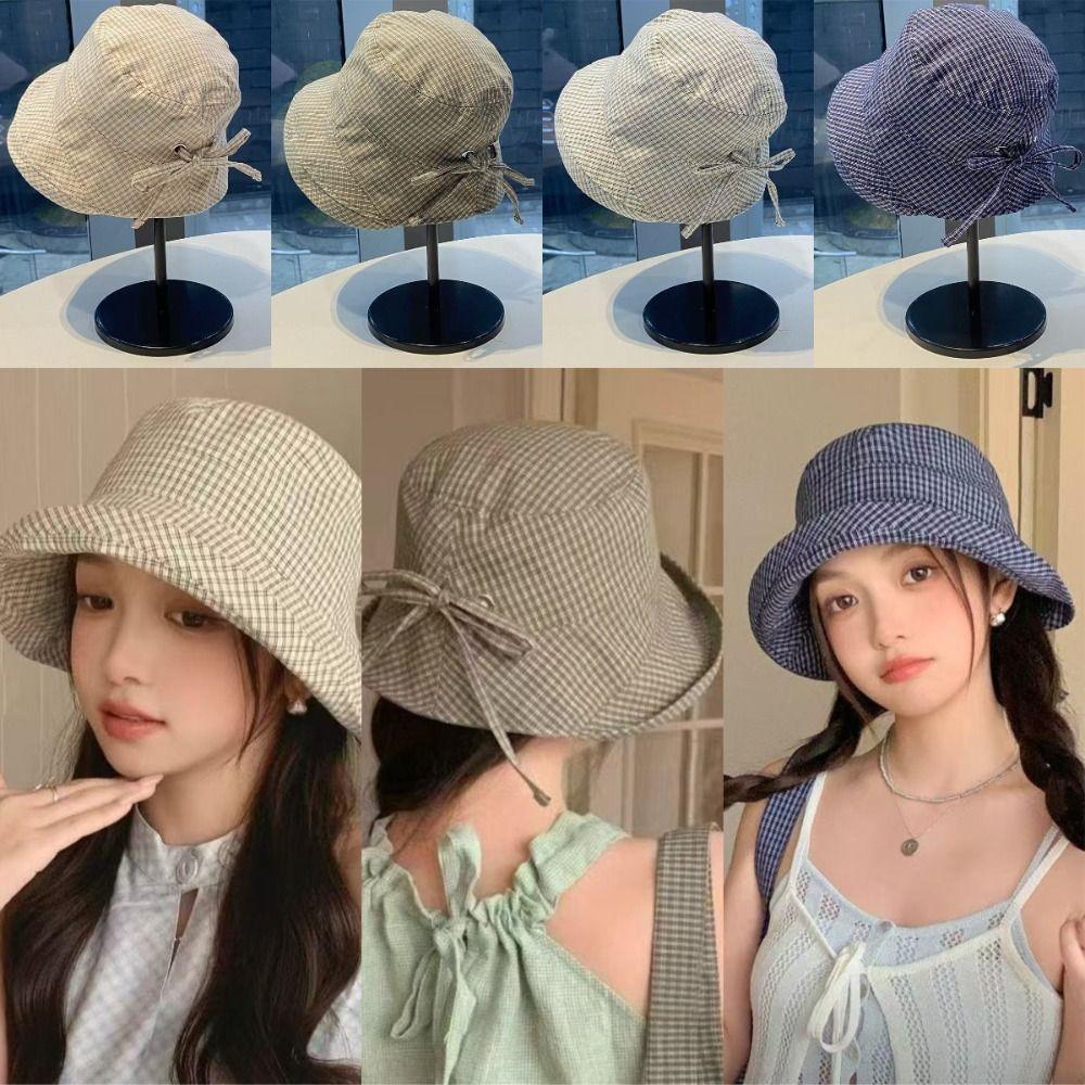Korean Style Wide Brim Bucket Hats Summer Sunshade Basin Caps Plaid Bucket Hats  Sun Protection