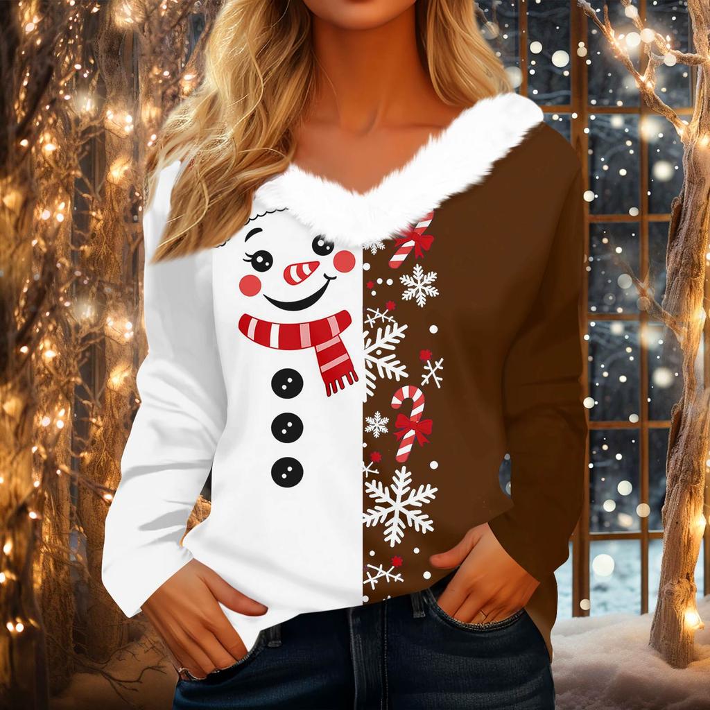 Women's Casual Long Sleeve Christmas Print V-Neck Top with Plush Collar for Holiday Wear
