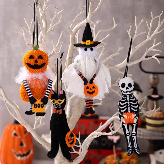 Plush Halloween Ornament Small Black Cat/Pumpkin/Ghost/Skeleton Hanging Decoration for Holiday Tree Decor