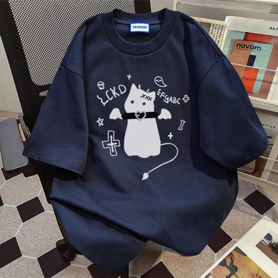 American Retro Cat Print Short-sleeved T-shirt Women's Sweet and Cool Ins Loose Large Size Design Sense Niche Crew Neck Top Tide
