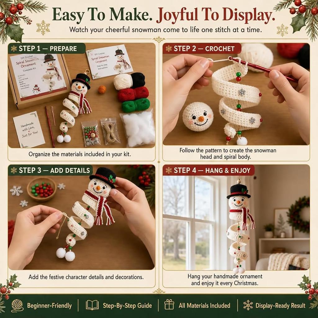 Decorazione di Natale Albero di Natale Kit Artigianale all'Uncinetto Pupazzo di Neve all'Uncinetto Ornamento a Spirale Set Fai da Te con Filato Gancio per Uncinetto e Istruzioni Fatto a Mano