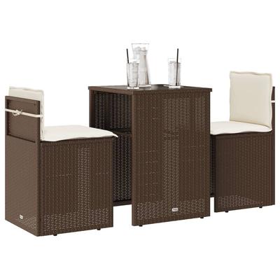 Vidaxl 3-Cz. Bistro Furniture Set with Cushions, Brown, Poly Rattan