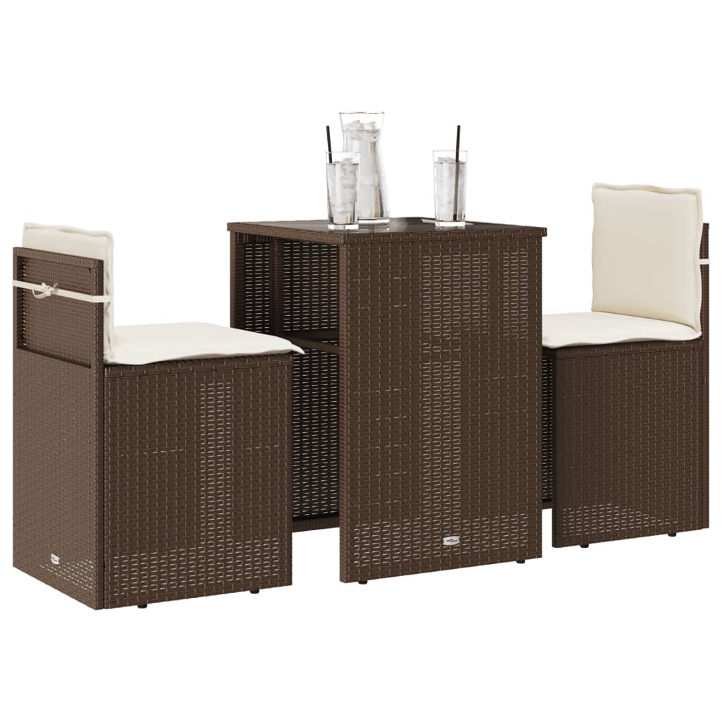 3 Piece Bistro Set with Cushions Brown Poly Rattan
