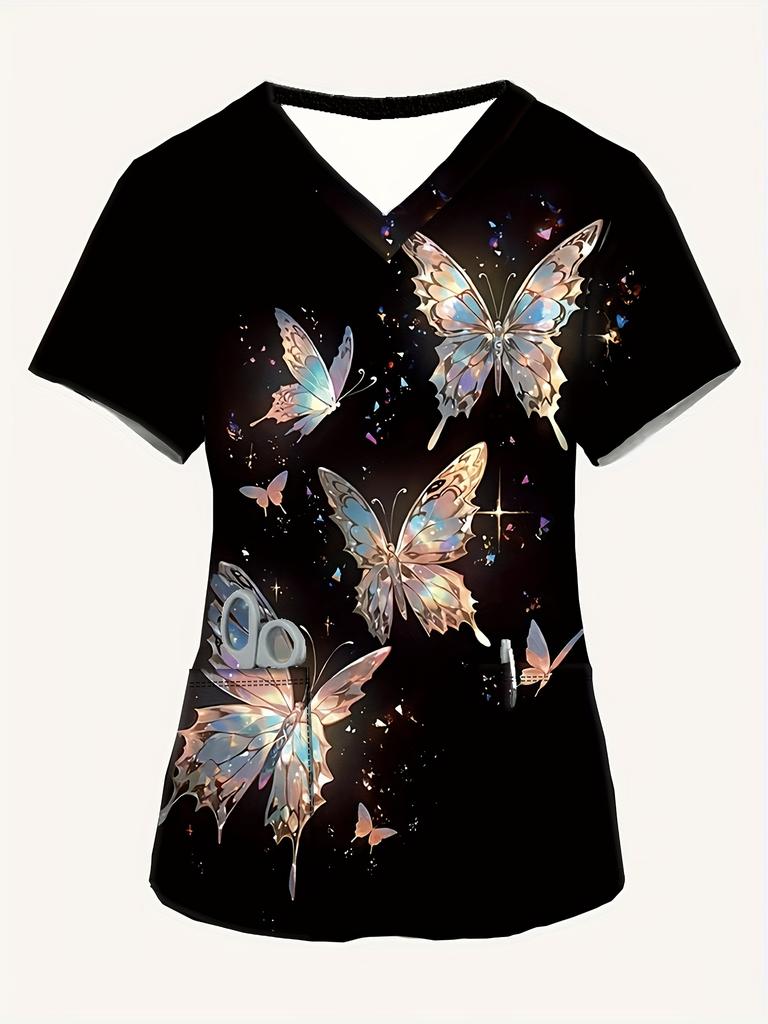 Fashion butterfly Short-Sleeve TShirt Commuting Work V-Neck Top Short Sleeves Woman