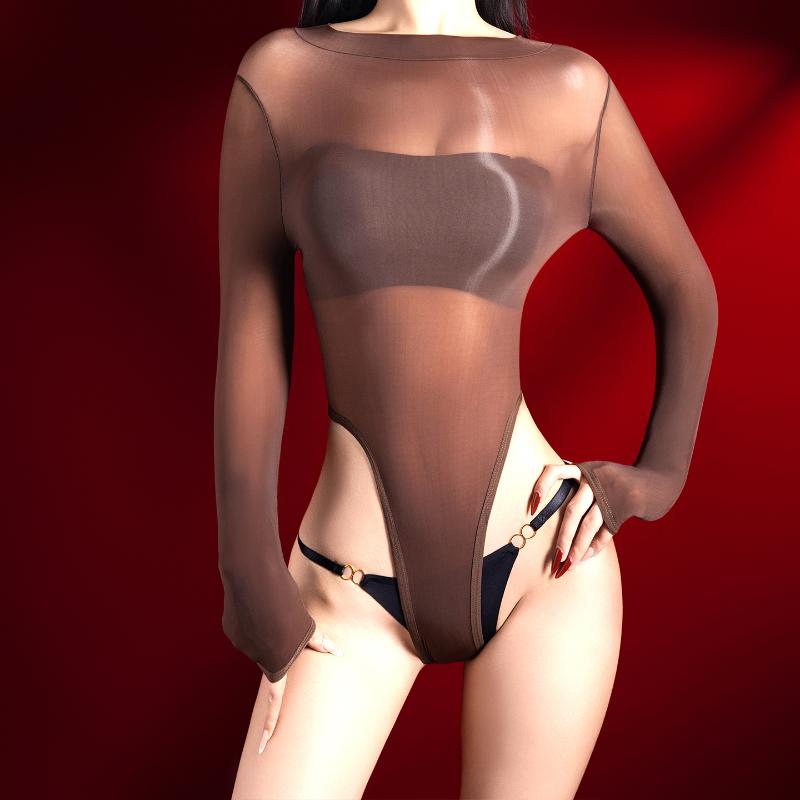 Women Sexy Bodysuit High-Fork Oil Shiny Glossy Five-Finger Swimsuit Ultra-Thin Silky Open Crotch Long-Sleeved Bodysuits