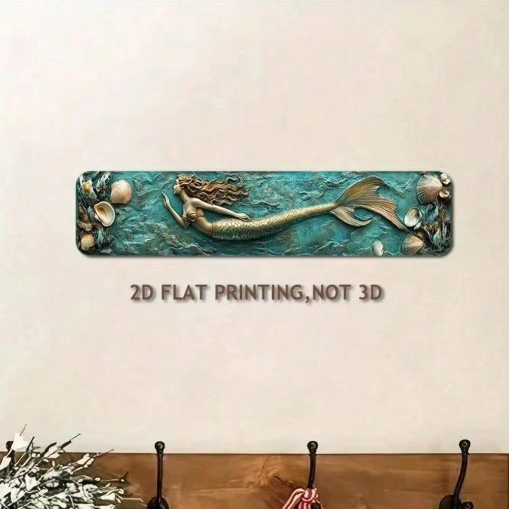 Art Mural Sirène 4x16 Pouces Plaque Métallique Étain Plat Écailles Dorées Océan Turquoise Décoration Maison Pour Salon