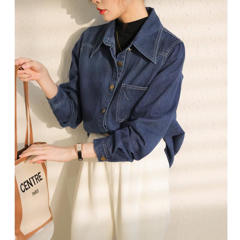 Women's Loose Blue Denim Shirt, Autumn/Winter 2024, Korean Style Layered Top