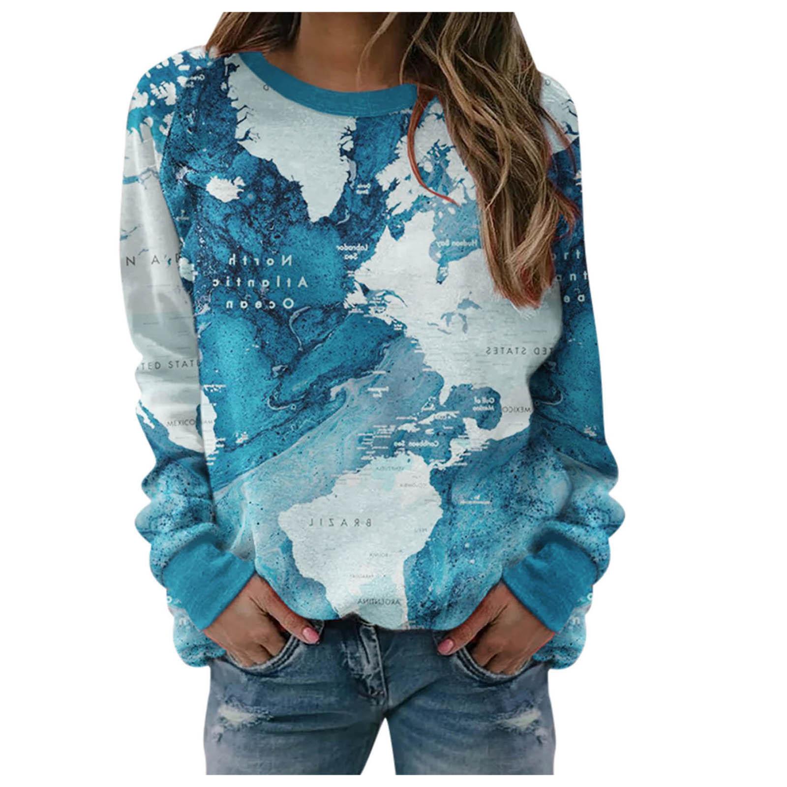 Женщины Карта мира Печать Толстовки Винтажный Узор Круглый Вырез Длинный Рукав Свитшот — фото 4