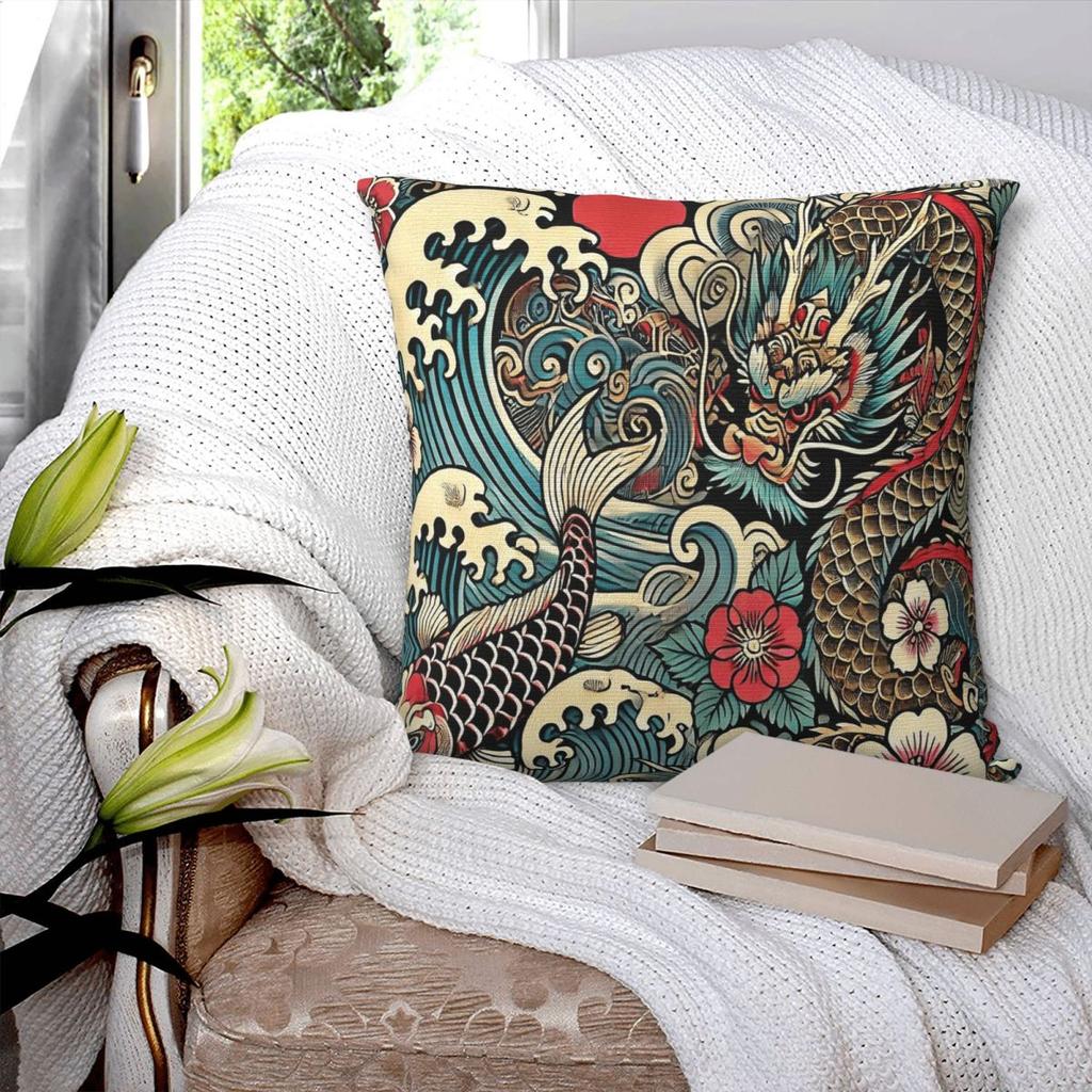 Federa Cuscino Irezumi Giapponese Drago Carpa Poliestere Lino Velluto Fantasia Zip Decorativa Federa Cuscino da Divano Copricuscino da Letto