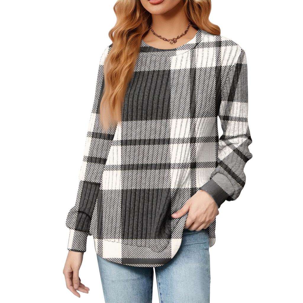 Fashionable Women's Long Sleeved Checkered Striped Printed Lightweight Sweater With Loose Round Neck Top