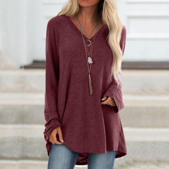Taglie Forti Donna Tinta Unita Manica Lunga Scollo a V Pullover Largo Midi Camicetta Top