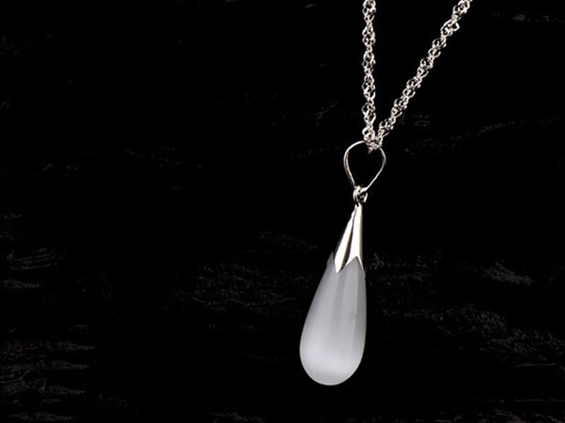 Korean Style S925 Sterling Silver Cat's Eye Water Drop Pendant Necklace for Women