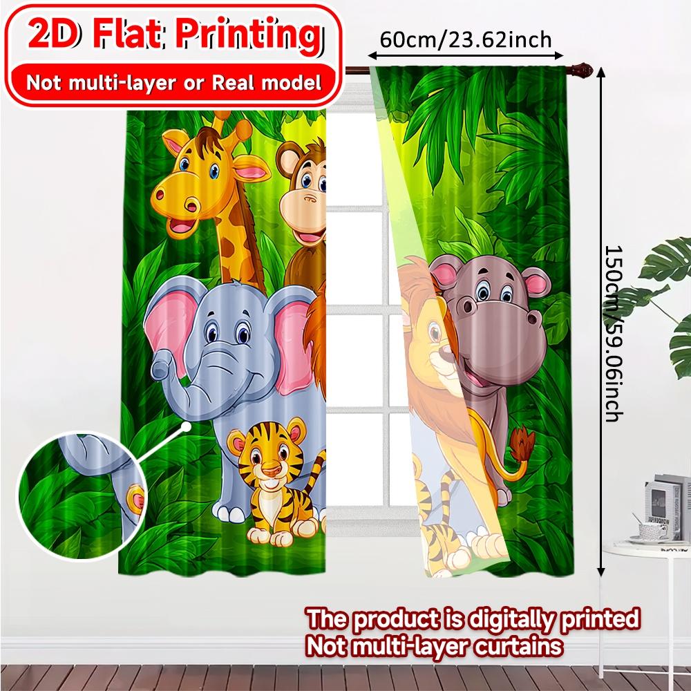 Set Of 2 Flat Printing Curtains Without Rod Playful Jungle Animals Ramadan Festival Popular Drapes Polyester Made