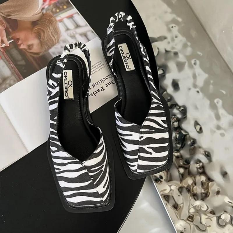 Womens Summer Elegant Sandals Elastic Band Flat Heel Shallow Party Shoes Square Heel Square Toe Ladies