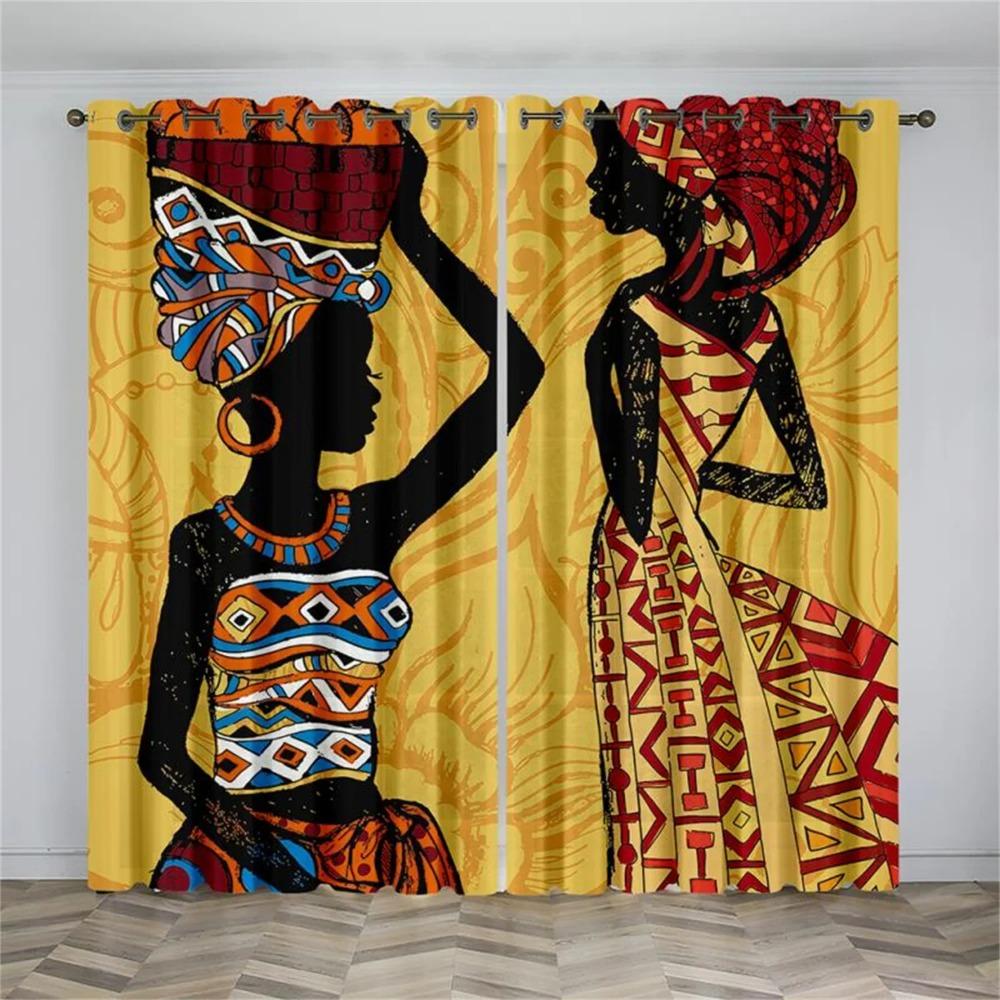 Schwarze Afrikanische Frauen Kunst Abstraktes Design National Lichtfilternde Vorhänge Fenstergardinen für Wohnzimmer Schlafzimmer 2 Stück Dekor