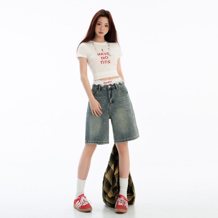 

Женские джинсовые шорты с высокой талией в стиле ретро — Лето 2025 года, А-силуэт, широкие штанины, элегантность Extra Large