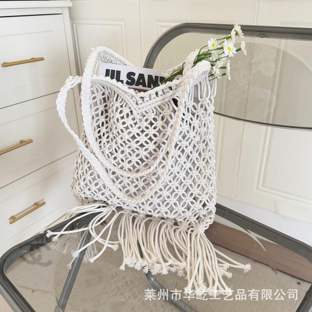 2025 New Hollow Cotton Rope Fringed Hand-woven Fashion Casual Cotton Thread Bag Single Shoulder Oblique Span Women's Bag Beach Bag