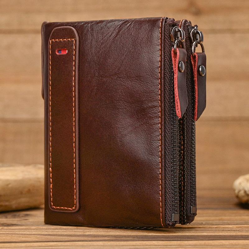 Men S Cowhide Men S Wallet Genuine Leather Short Rfid Anti-Theft Double Zipper Change Bag Men S Wallet