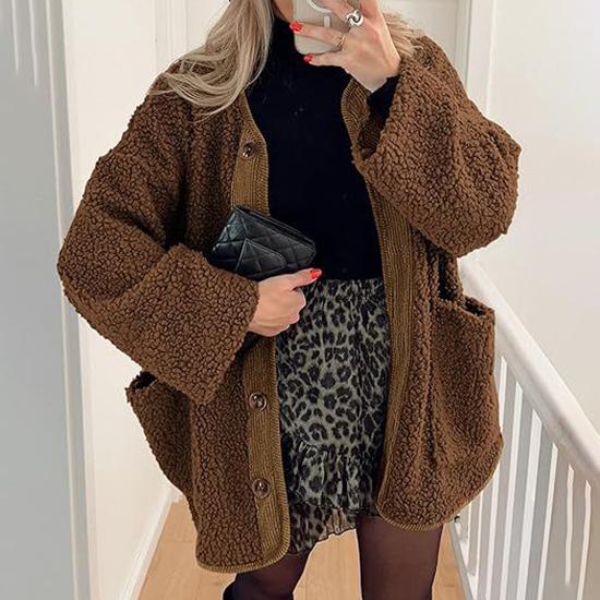 Women's Warm Winter Coat Collarless Casual Long Sleeve Button Plush Lamb Suede Jacket Coat