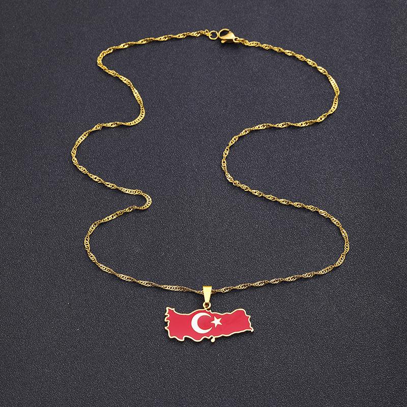 Retro Drip Oil Türkei Karte Edelstahl Halskette - Geometrischer Anhänger Schlüsselbeinkette Schmuck
