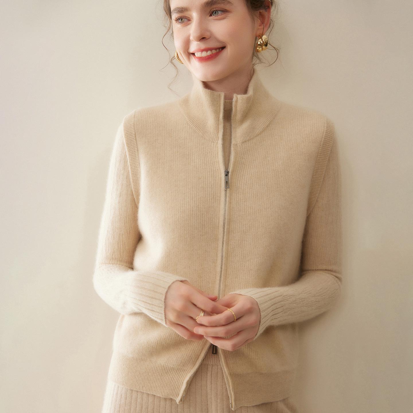 

Женский кашемировый жилет без рукавов - Маленькая куртка на молнии для осенне-зимней моды L