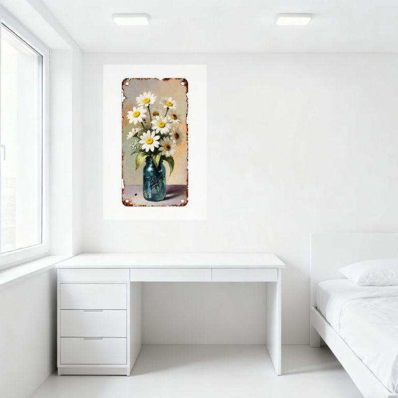 Vintage Rustic Metal Tin Sign with Pecan Blue Mason Jar & White Daisies, Rustic Home Decor for Country Style Café Bar Man Cave