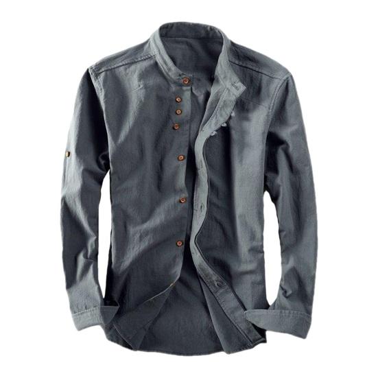 Fall Winter Shirt Stand Collar Long Sleeve Thick Single-breasted Cardigan Solid Color Soft Warm Retro Slim Fit Mid Length Casual Office Shirt