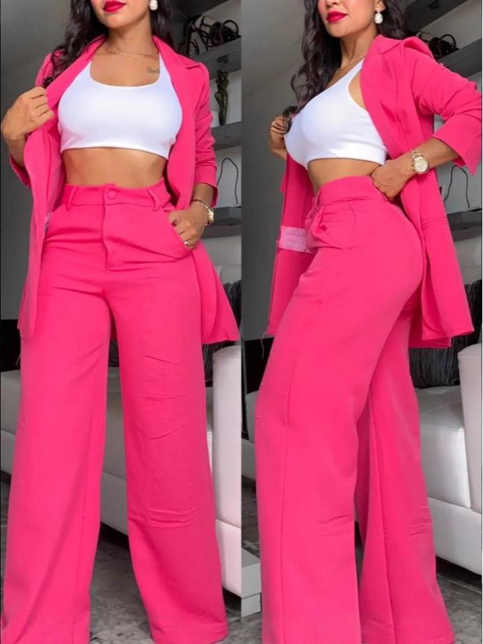 2026 Summer Elegant Women's Solid Color Split Sleeve Suit with Straight Leg Pants