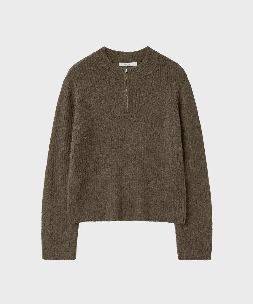 NOIRER Alpaca Boucle Ribbed Zip-Up (Khaki)