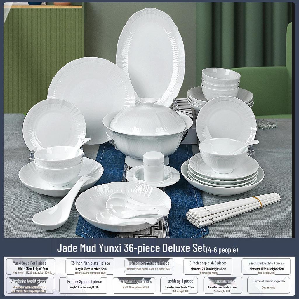Jingdezhen High-Value White Porcelain Tableware Set: Underglaze Color Relief Bowl and Plate Collection