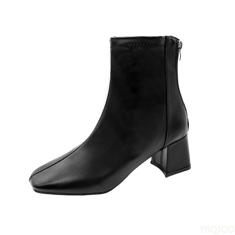Fashion European and American Women's Fashionable Winter Versatile Solid Color Square Heel Back Zipper Short Boots Zapatos De Mujer