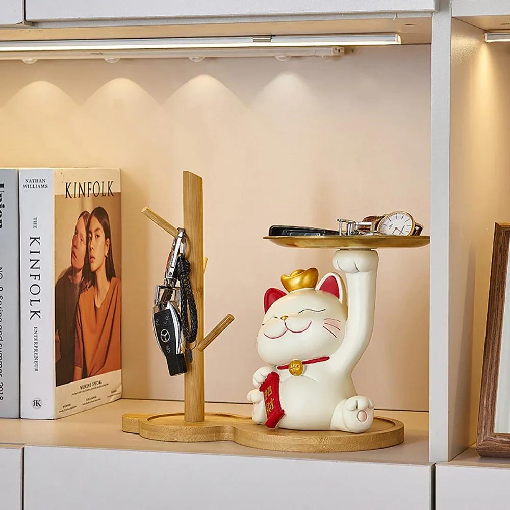 Home Decor Lovely Maneki Neko Figurines Modern Style Living Room Table Ornament Lovely Lucky Cat Storage Tray Miniature Crafts