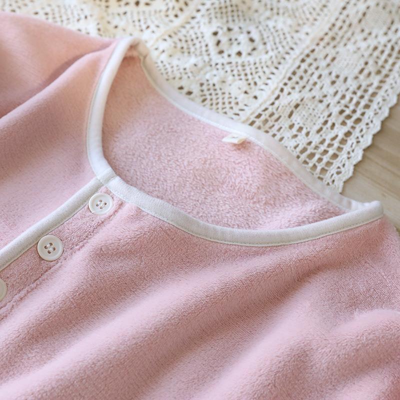 2026 New Autumn/Winter Women's Pajama Set 100% Flannel Round Neck Thickened Solid Color Home Clothes Long Sleeve Two Piece Set