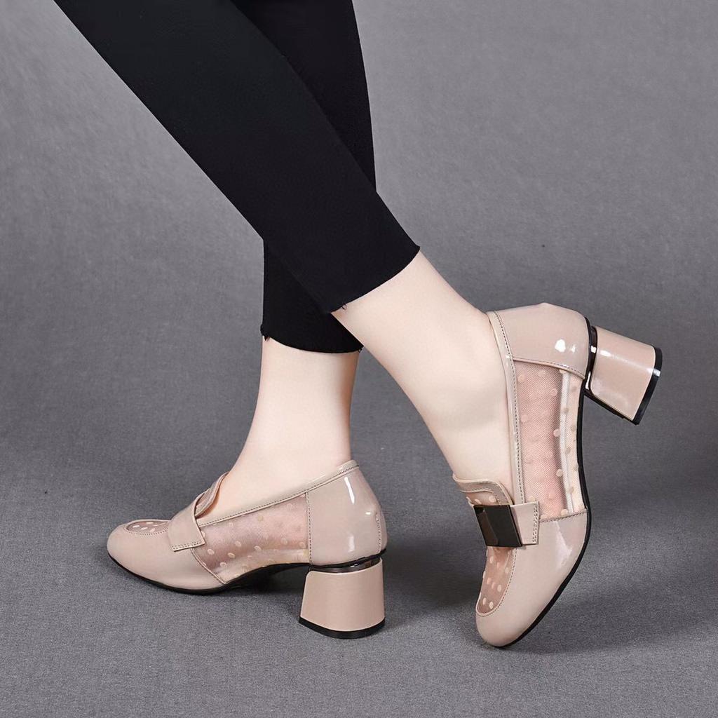 Mesh high heels women's shoes 2025 spring new round head thick heel cow patent leather women's single shoes mesh polka dot fashion shoes