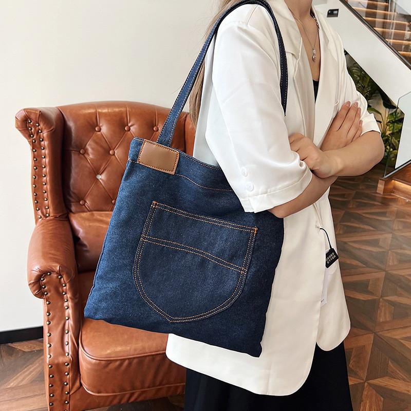 Denim Shoulder Bag Large Capacity Shopping Tote With Zipper For Daily Use