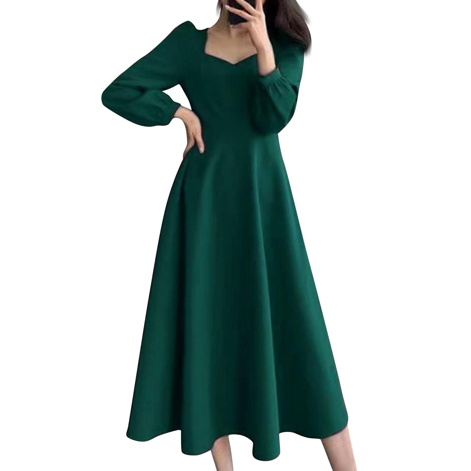 

Dress For Women Summer Slim Waist Black Dress French Square Neck Knee-length Dress XL зелений