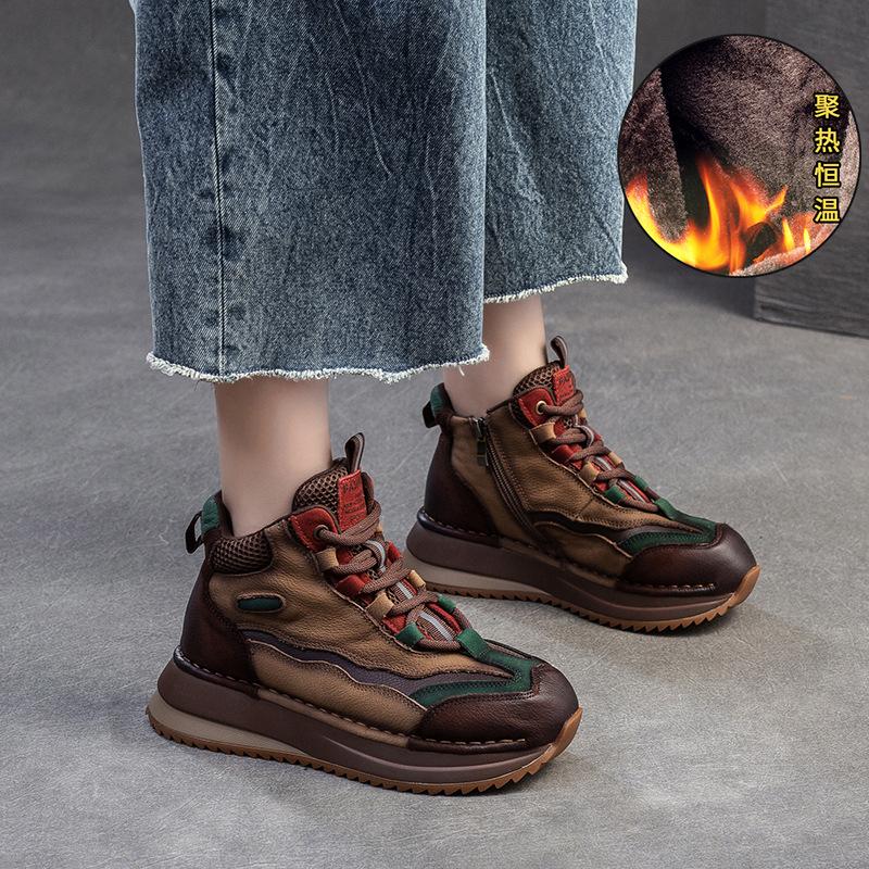 Fashion GKTINOO 4CM Genuine Leather Women Boots Lady Platform Wedge Plush Warm Causal Autumn Winter Fashion Thick Bottom Sneakers Shoes