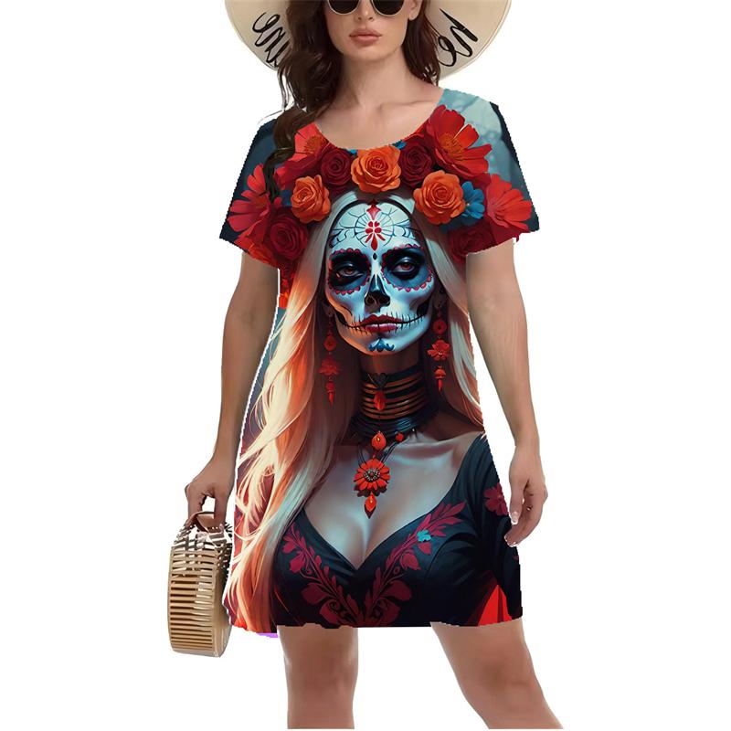3D Vintage Rose Skull Graphic Print Dress Gothic Style Mini Dress Women Summer Short Sleeve O-Neck Casual A-Line Dress Vestidos