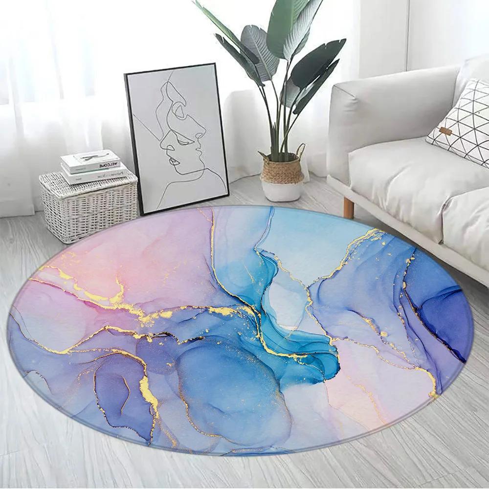 Abstract Blue Marble Round Carpet Gold Textured Geometric Pattern Black Home Rugs Living Room Bedroom Decor Sofa Rug Floor Mats