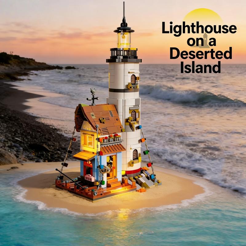 Leuchtturm am Meer Bausteine Set mit Hüttenarchitektur DIY Sammlerstück Küstenszene Modellsteine Bausatz