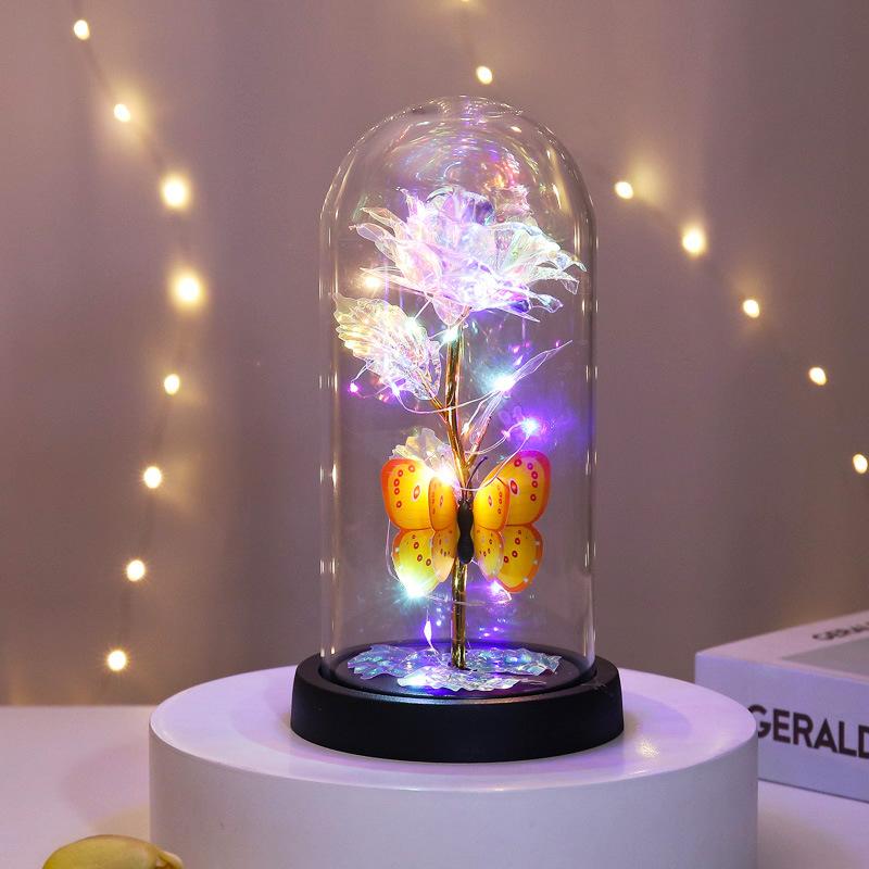 Glass Cover Rose Immortality Flower with Lamp Qixi Valentine's Day Gift Creative Decoration Decorations