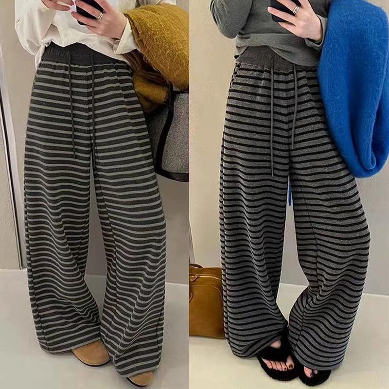 2025 Autumn/Winter Women's High Waist Wide-Leg Trousers with Color Block Stripes - Comfortable, Loose Fit, Floor-Length.