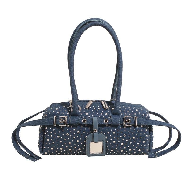 2025 Spring and Summer New Women's Bag Fashion Rivet Handbag Large Capacity Shoulder Crossbody Versatile Denim Tote Bag