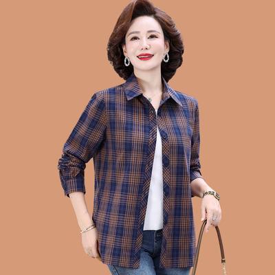 Mom’s Pure Cotton Plaid Long-Sleeve Shirt - Stylish, Loose Fit for Middle-Aged and Elderly Women