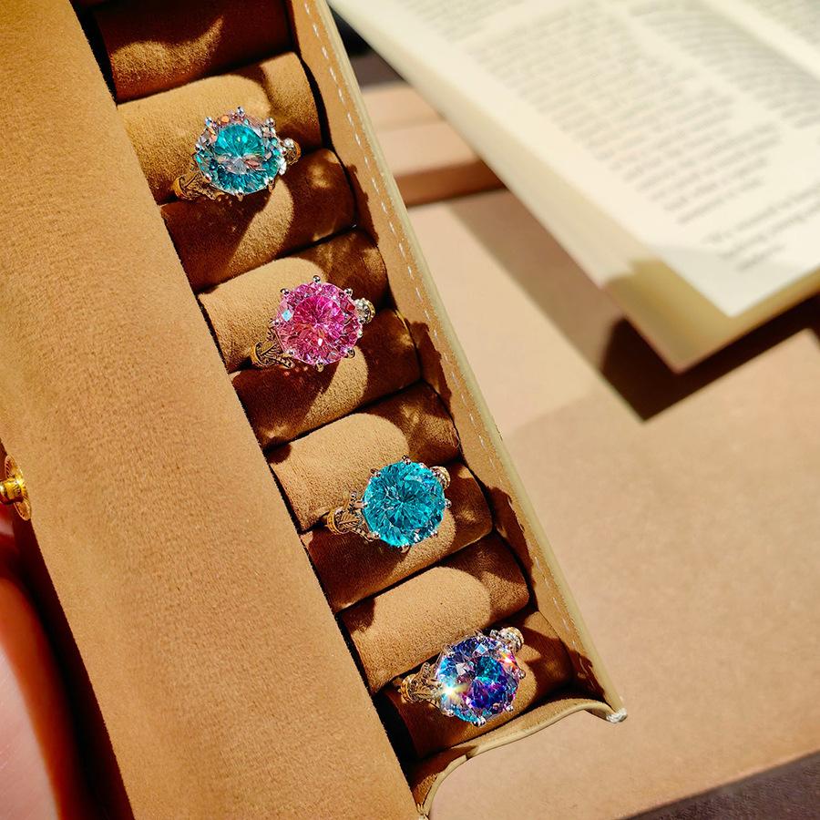 Fashion Light Luxury Octagonal Rose Cut Ring Fashion Inlaid High Carbon Diamond Two-Color Gold Paraiba Blue Diamond Ring Women